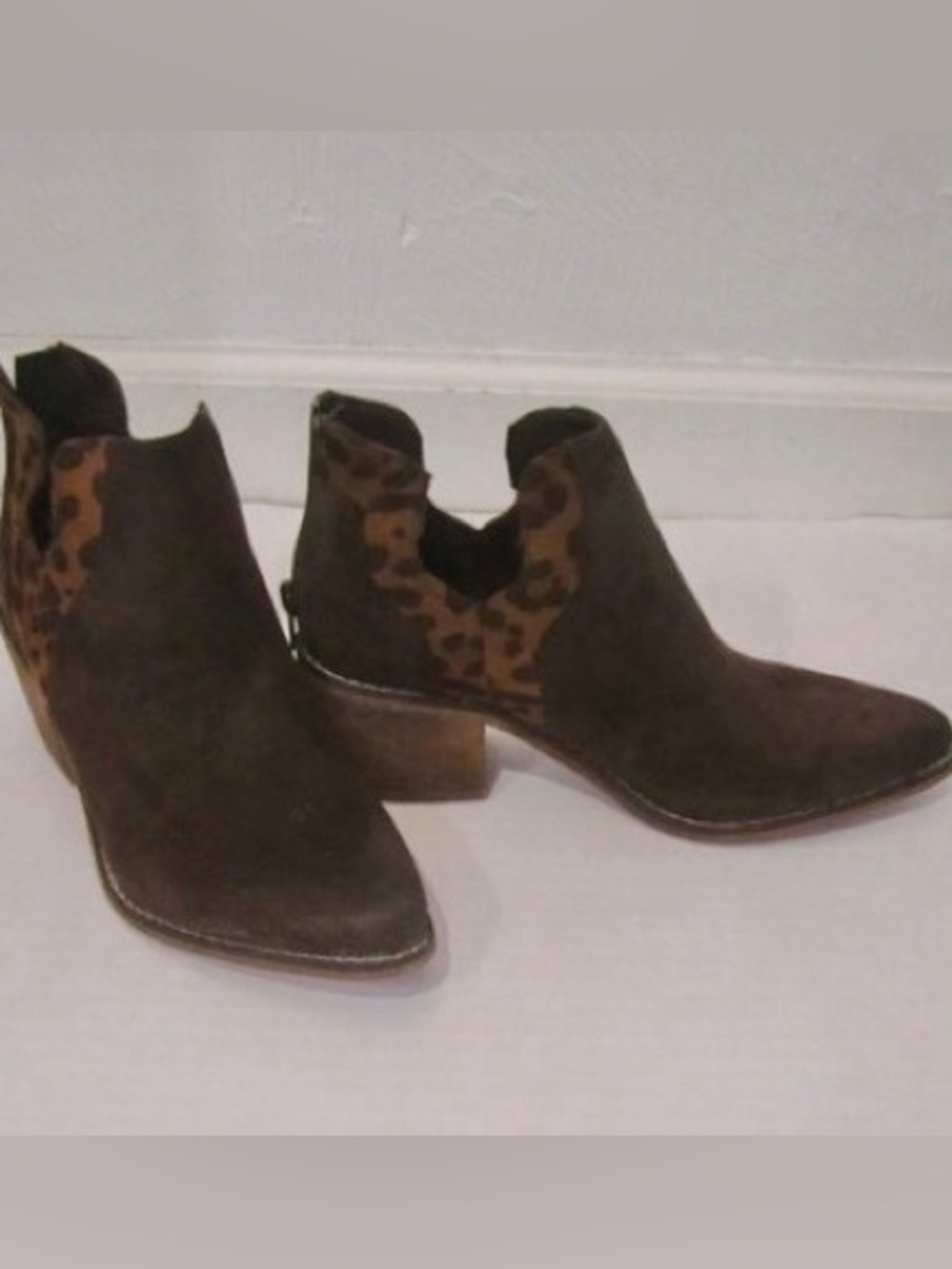 Pierre Dumas Dark Brown Suede Ankle Booties with Leopard Trim